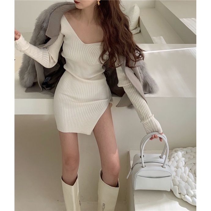 ĐẦM LEN BODY CỔ CHỮ V DÀI TAY XẺ TÀ TÔN DÁNG NỮ ULZZANG7