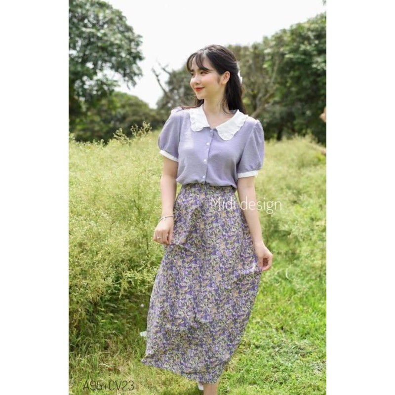 [ FREESHIP 50K ] - Set áo sơ mi trắng  chân váy xòe xếp ly hoa nhí