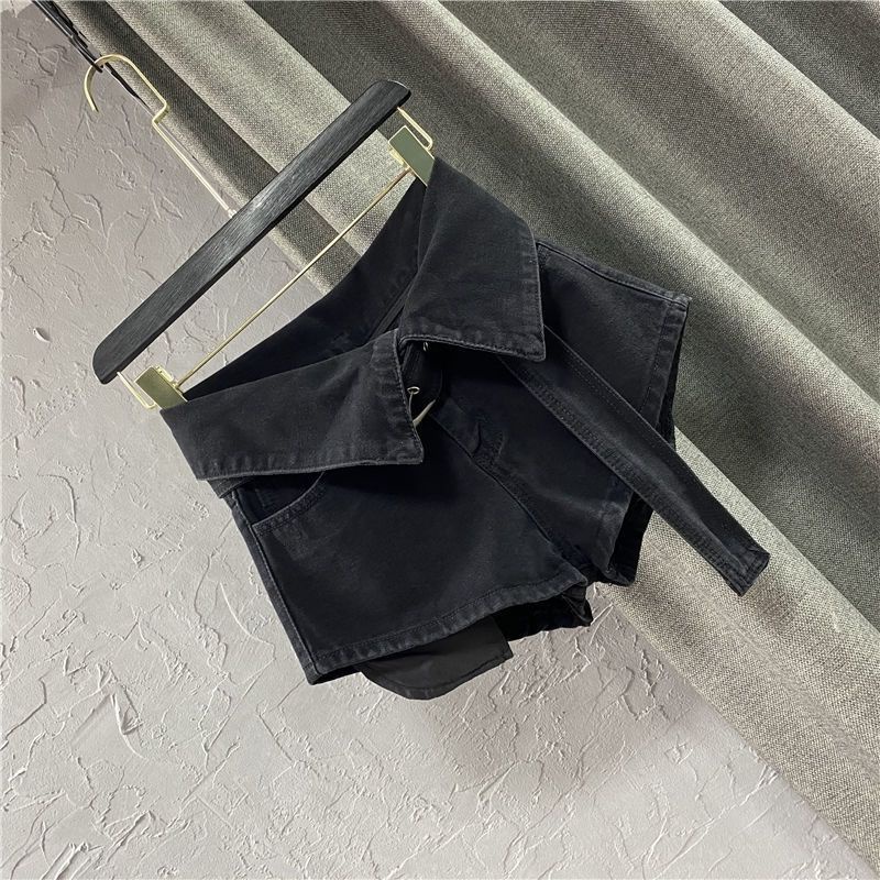 Jiashucheng Influencer Quần Short Denim Đen Dáng Chữ A Lưng Cao Ống Rộng Lệch Tà Thời Trang Xuân Hè 2023