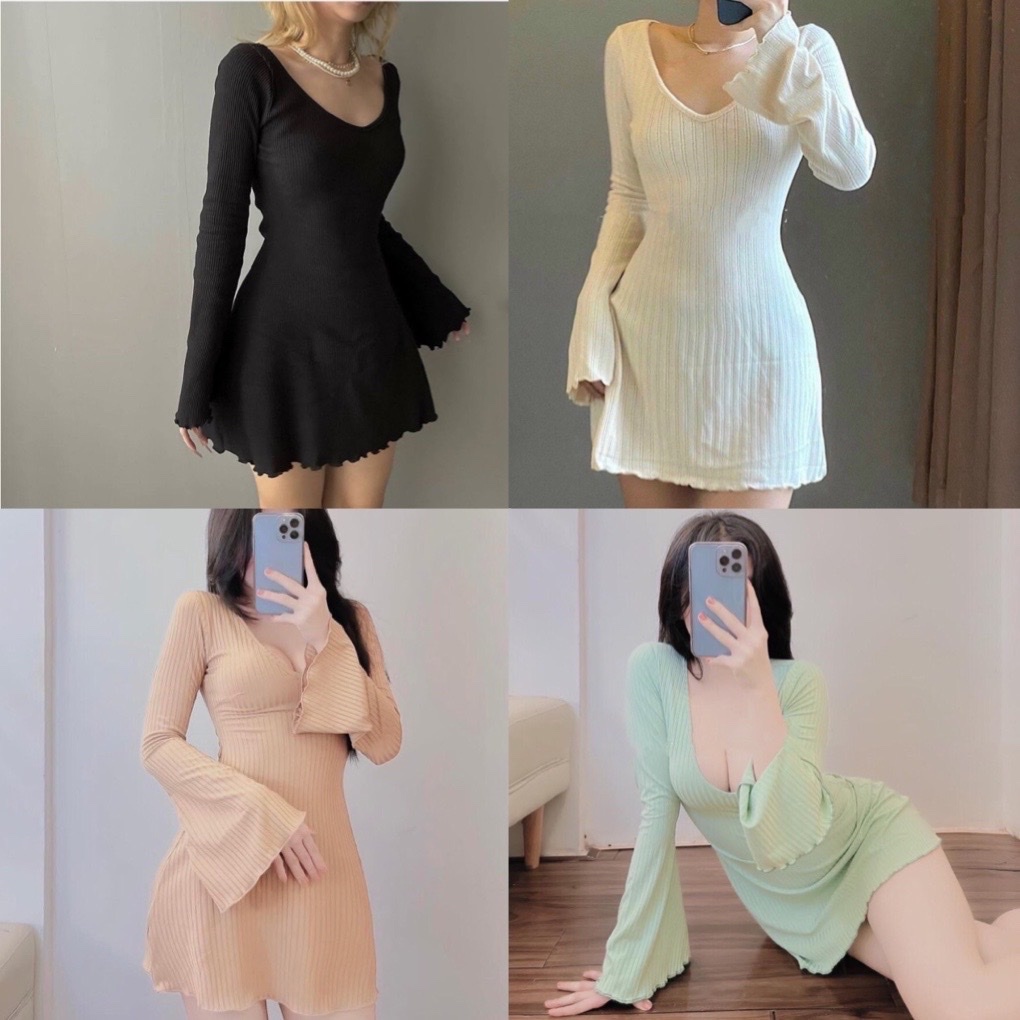 Đầm ôm tay loe dài chất thun gân siêu hot