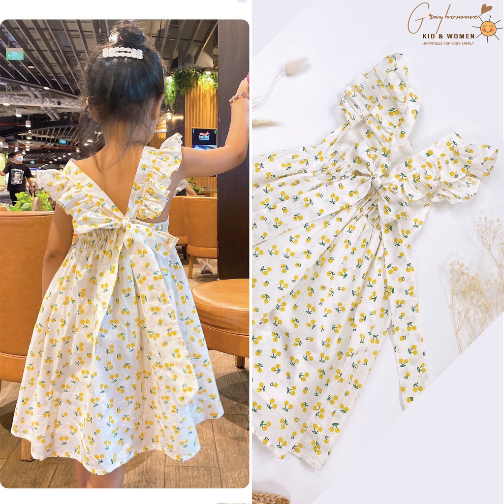 Váy bé gái GRAYHOMME họa tiết Cherry Vàng, dáng rộng, chất Thô cotton thoáng mát thấm hút mồ hôi tốt (VK007)
