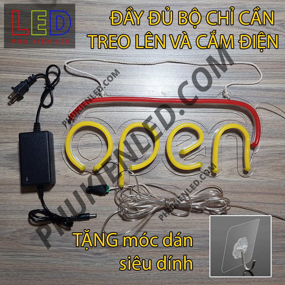 Đèn Led Neon Chữ Open có gạch ngang bên trên - Open Len Neon Sign, Đèn Led Neon Open Trang Trí Cửa Hàng