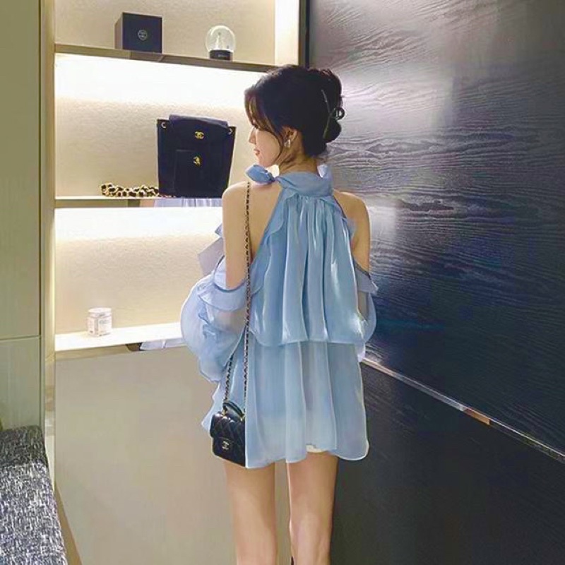 Áo Voan Hở Vai Tay Bèo Nơ Cổ Vải Voan Lụa Organza Óng