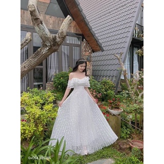 g1-Đầm maxi ren trắng dập ly rớt vai GV053, Freesize