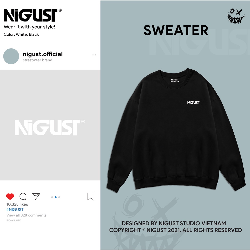 Áo sweater nam nữ local brand Basic NIGUST N001 chất liệu nỉ da cá form rộng màu đen trắng Fullbox