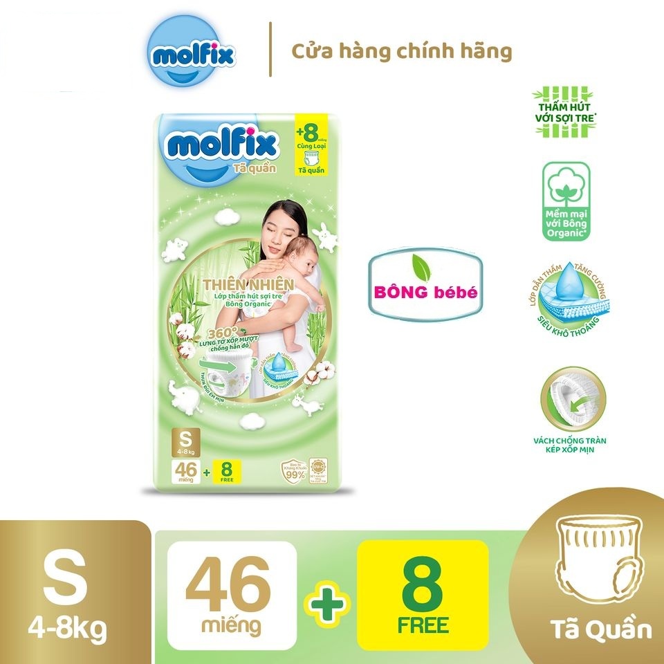 Tã quần Molfix thiên nhiên an toàn bông tự nhiên- Jumbo S (4kg - 8kg) - Gói 46+8 miếng