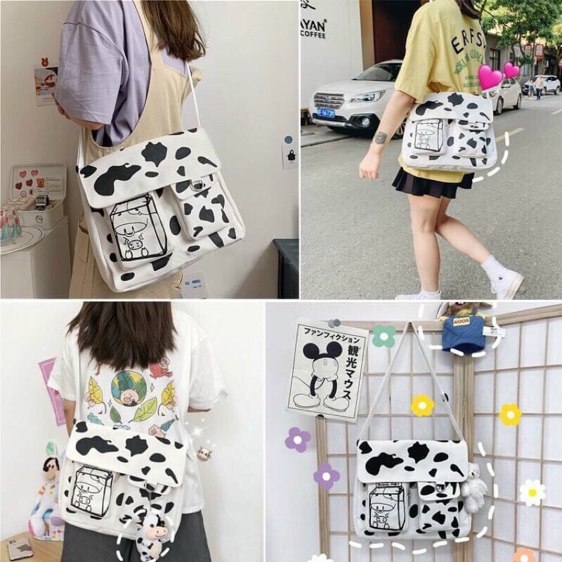 Túi Tote đeo chéo vải canvas NAM NỮ họa tiết bò sữa cao cấp phong cách Hàn Quốc Hot Trend