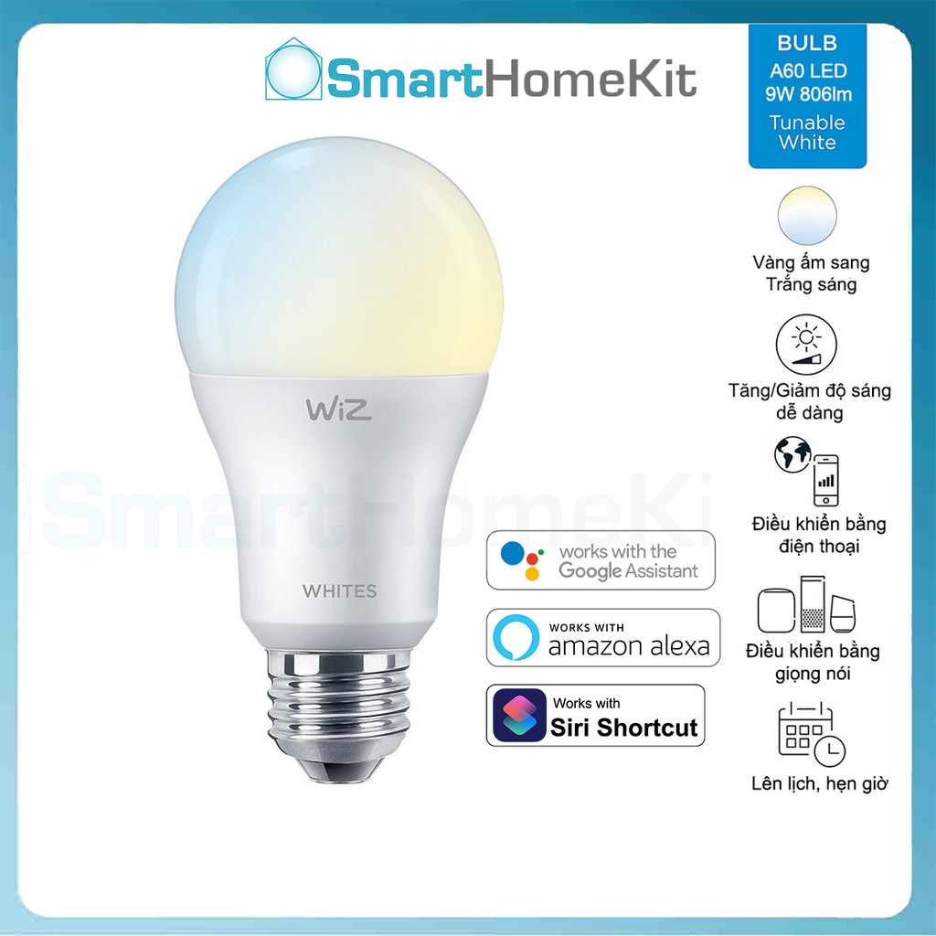 Bóng đèn thông minh Philips WiZ Tunable White E27 9W A60 - đèn tông Trắng - Vàng, tương thích với Google Home và Alexa