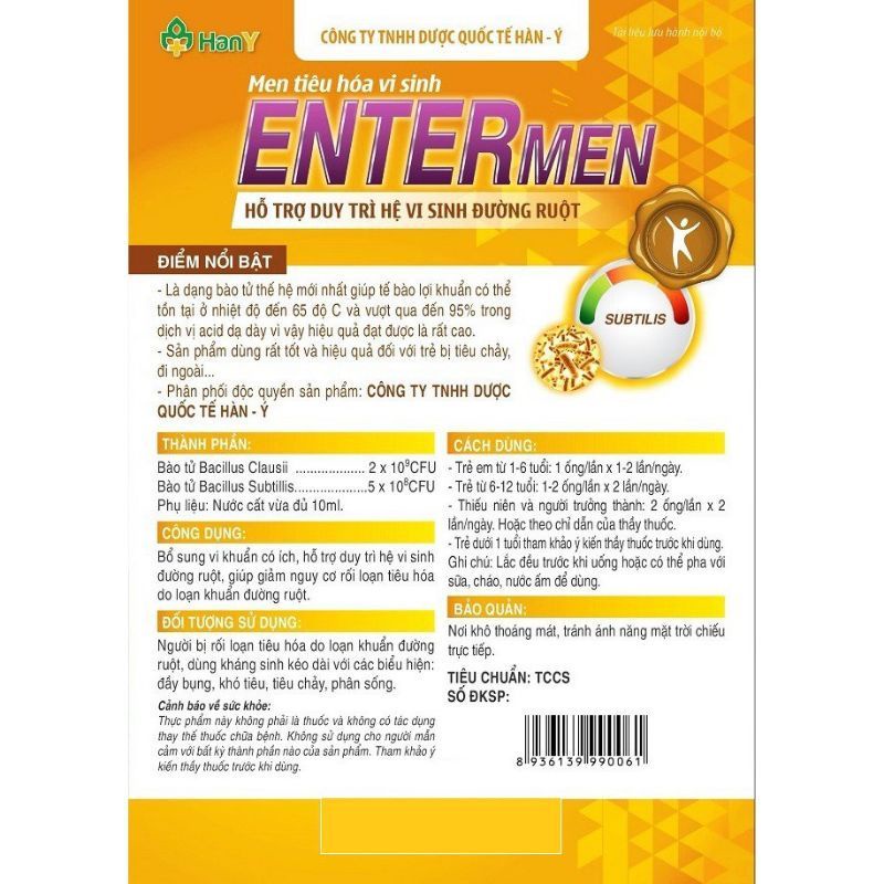Men tiêu hóa vi sinh Entermen hộp 20 ống×10ml hỗ trợ cải thiện hệ vi sinh đường ruột, tiêu hóa khỏe, hấp thu tốt