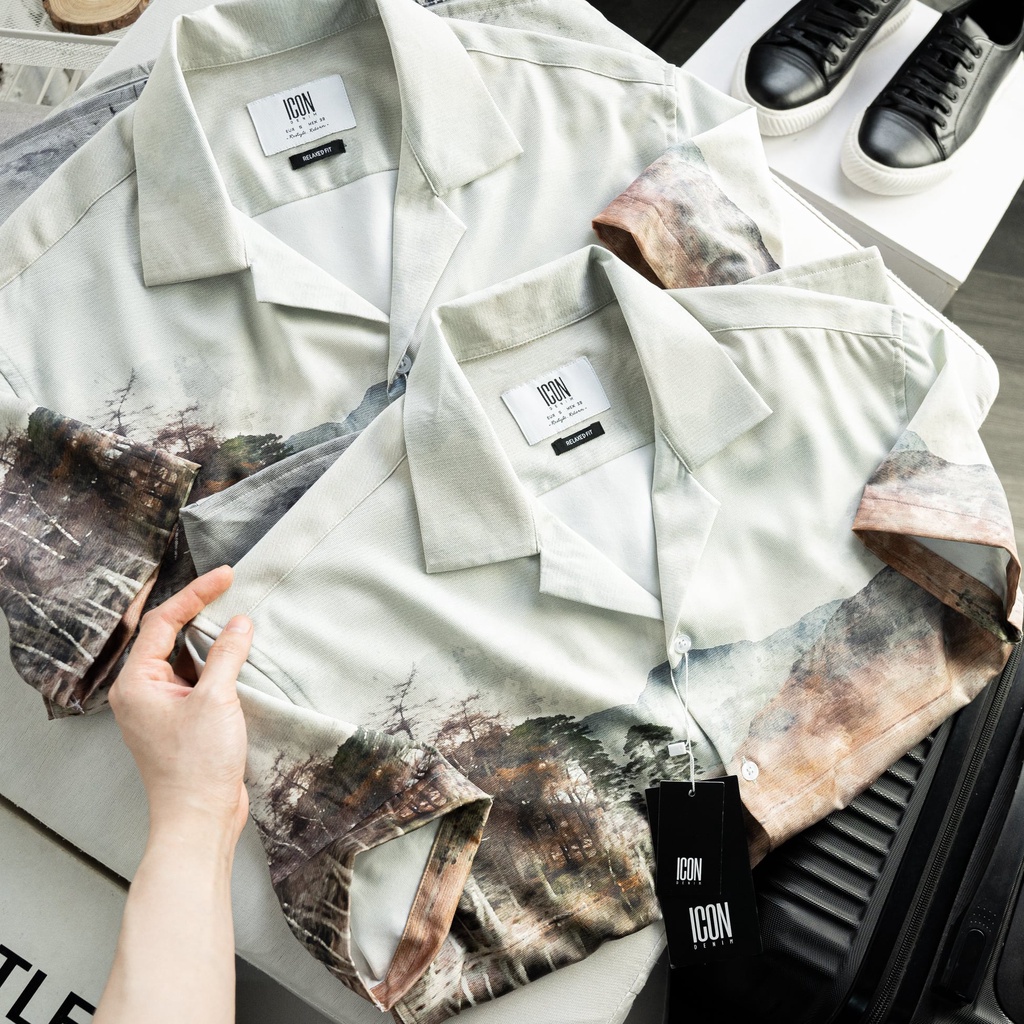 Áo sơ mi nam họa tiết nhiệt đới, chất vải siêu mịn mát 8400