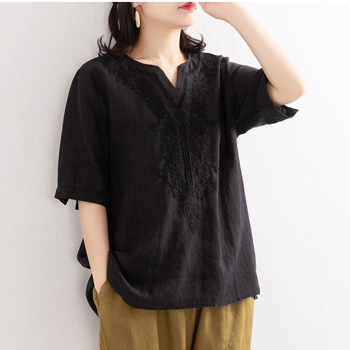 Áo Thun Cotton Lanh Tay Lửng Cổ Chữ V Thêu Họa Tiết Phong Cách Mới Mùa Hè Cho Nữ