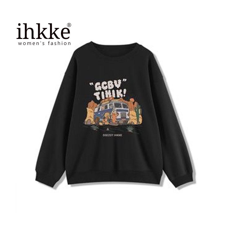 Áo khoác IHKKE tay dài dáng rộng màu đen phong cách thời trang retro cho nữ