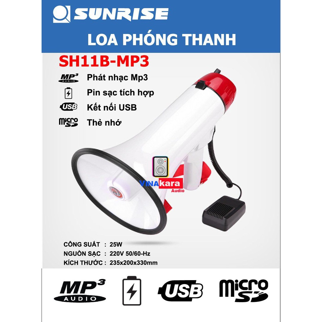 Loa Phóng Thanh Sunrise SH11B, SH11R pin sạc, USB, MP3, âm thanh to, rõ - hàng chính hãng