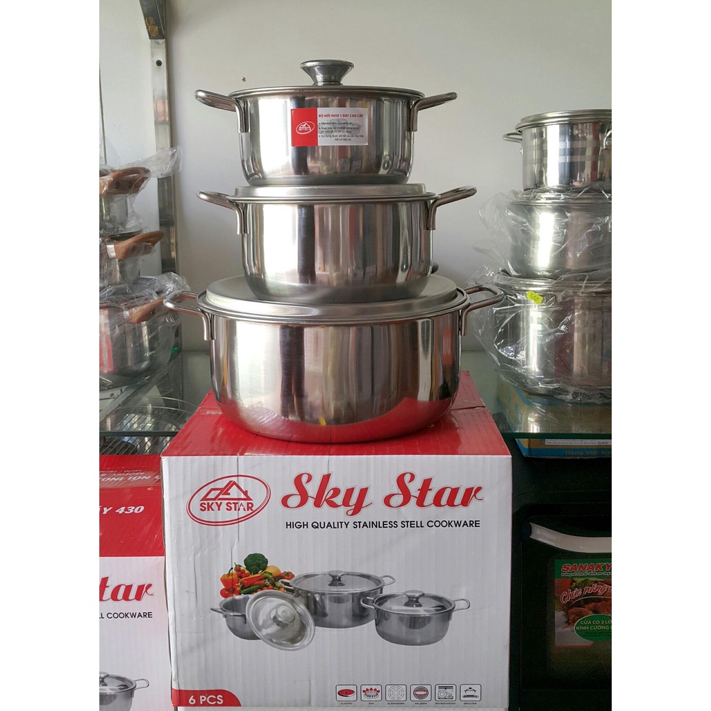 Bộ 3 nồi inox sáng bóng SKY STAR nắp inox 24cm 20cm 16cm dùng dược bếp từ và mọi loại bếp bộ nồi inox chắc chắn cao cấp