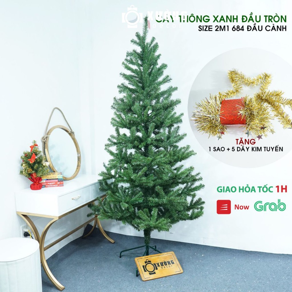 Cây Thông Noel 2m1 Đầu Tròn, Hàng Loại Đẹp Tặng Kèm Phụ Kiện