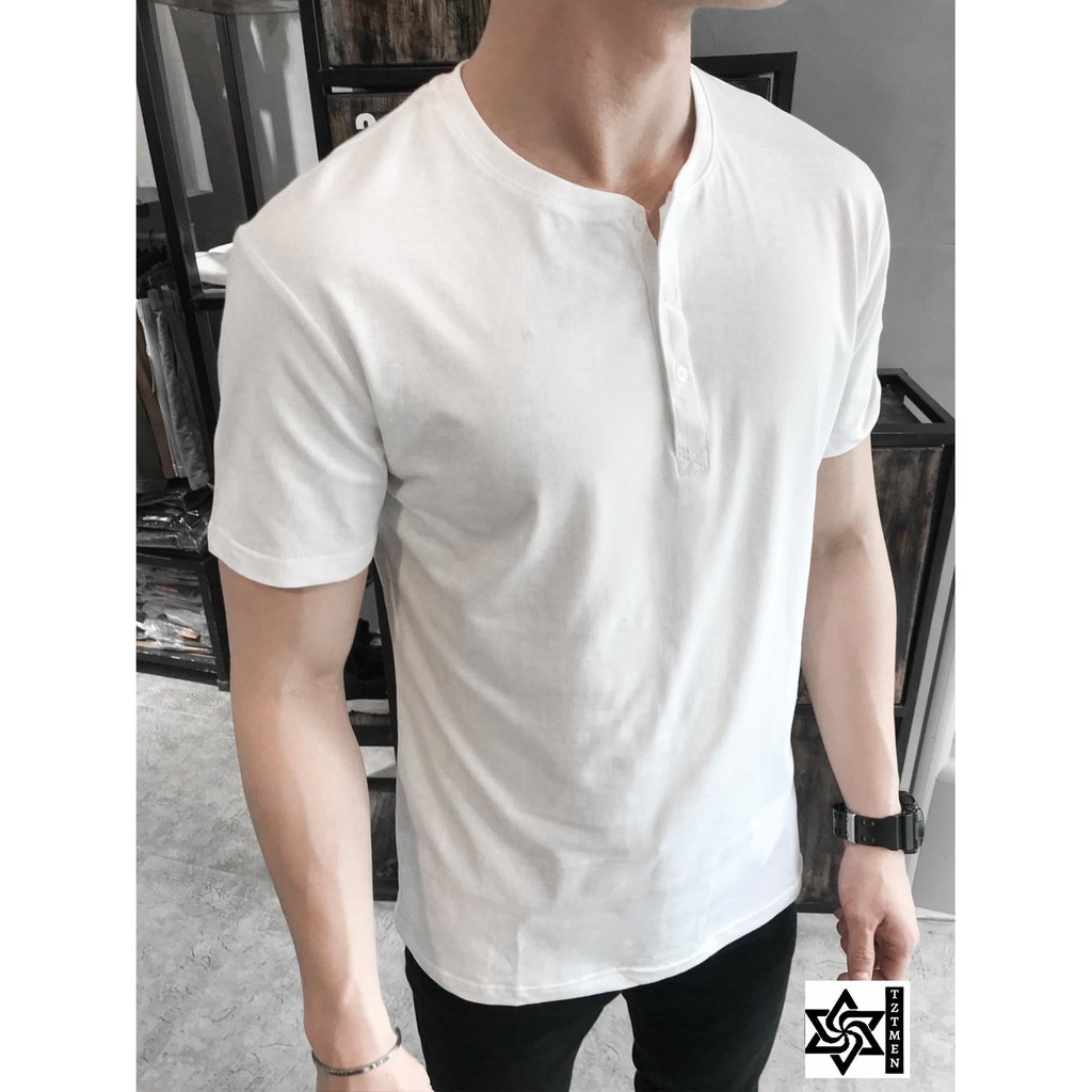 Áo Thun Trơn Cổ Tàu Có Cúc Chất Cotton Co Giãn 4 Chiều Thoáng Mát Form Slimfit Ôm Gọn Phù Hợp Đi Chơi Đi Làm