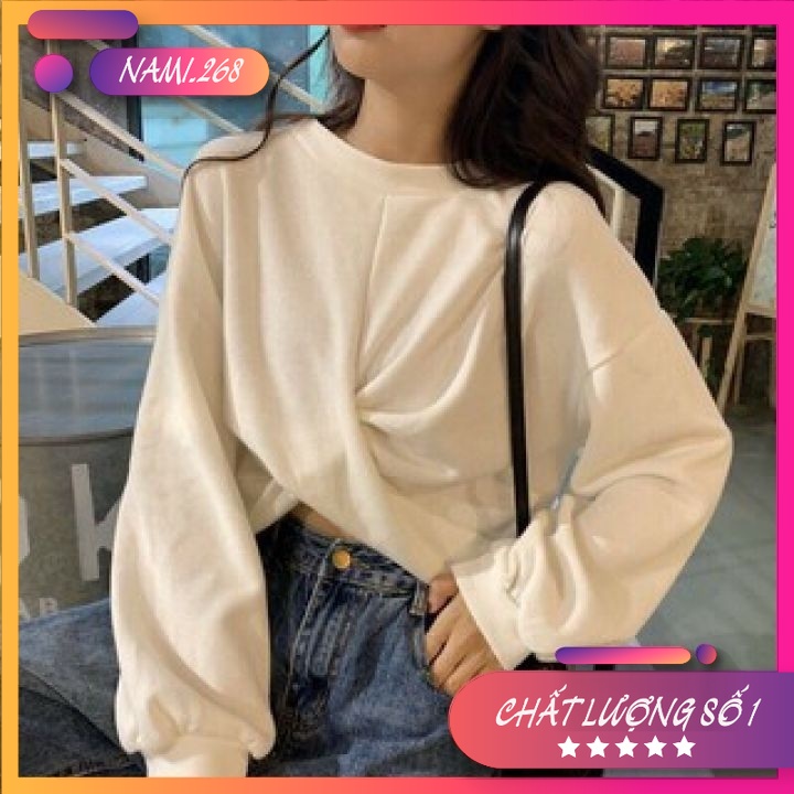 Áo Croptop Nỉ Xoắn Eo Dài Tay BASIC (Ảnh thật)