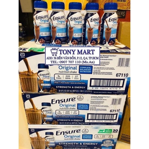 DATE 2024-6 CHAI SỮA NƯỚC ENSURE VỊ CHOCOLATE 237ML - USA