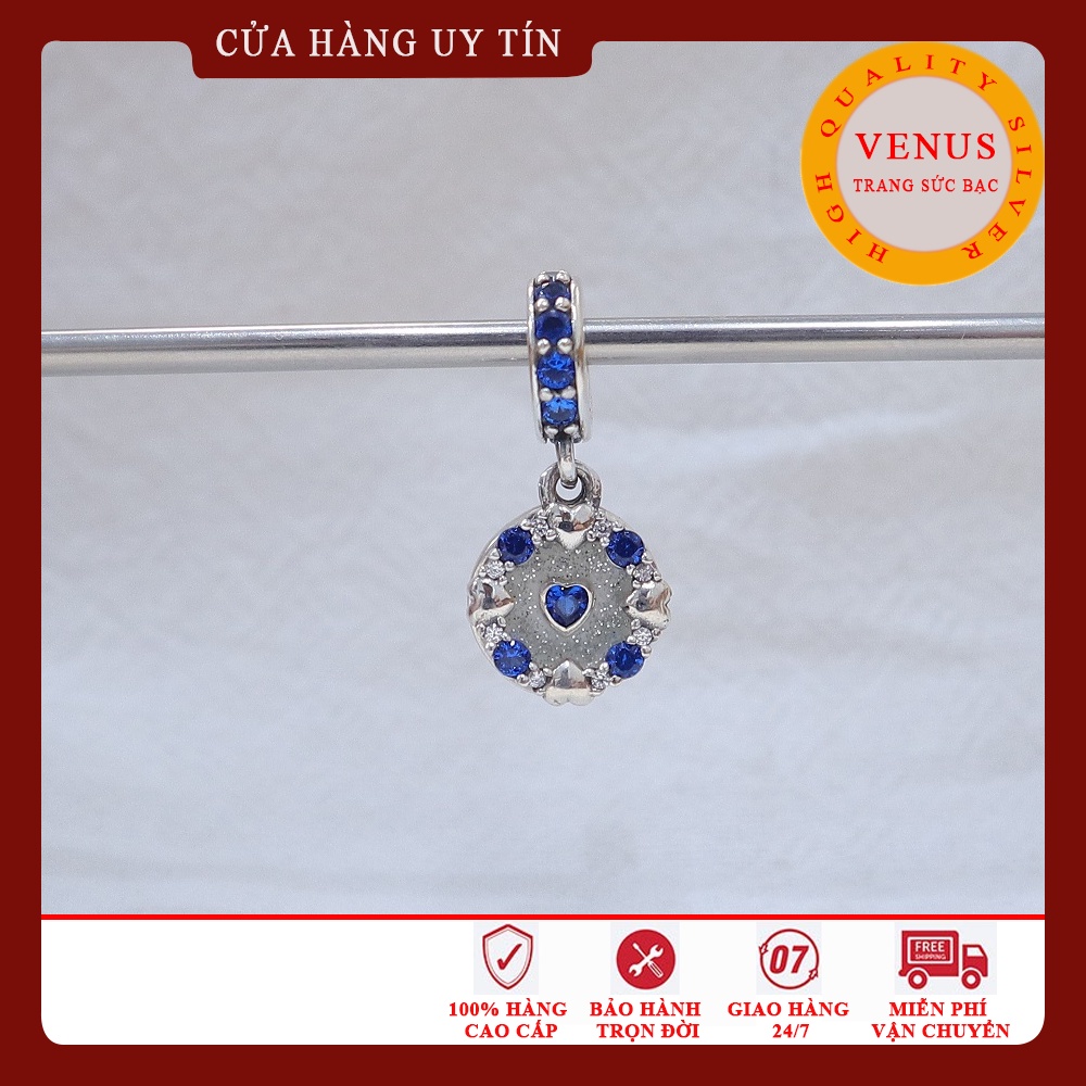 [Charm bạc 925 cao cấp] Charm treo tròn gắn đá xanh hình trái tim- Mã sản phẩm VENUSKB