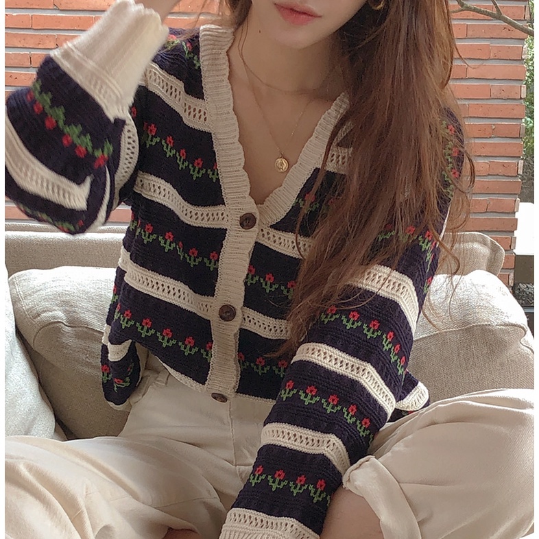 DUNEA Áo Khoác Cardigan Dệt Kim Dáng Rộng Cổ Chữ V Kẻ Sọc Gợi Cảm Cho Nữ