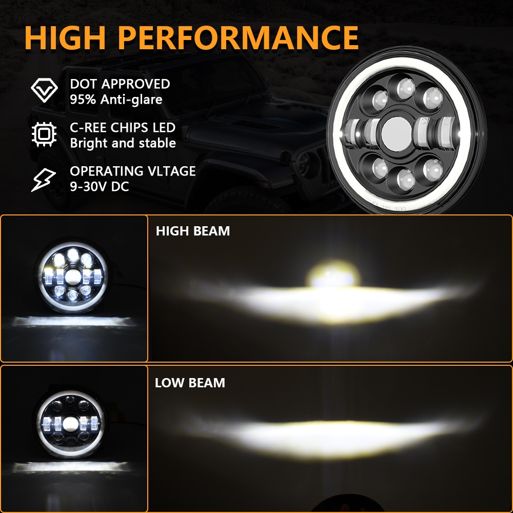 Đèn Pha LED H4-H13 7 Inch Cho Xe Mô Tô Harley-Davidson Yamaha Jeep Wrangler CJ Hummer H1 H2