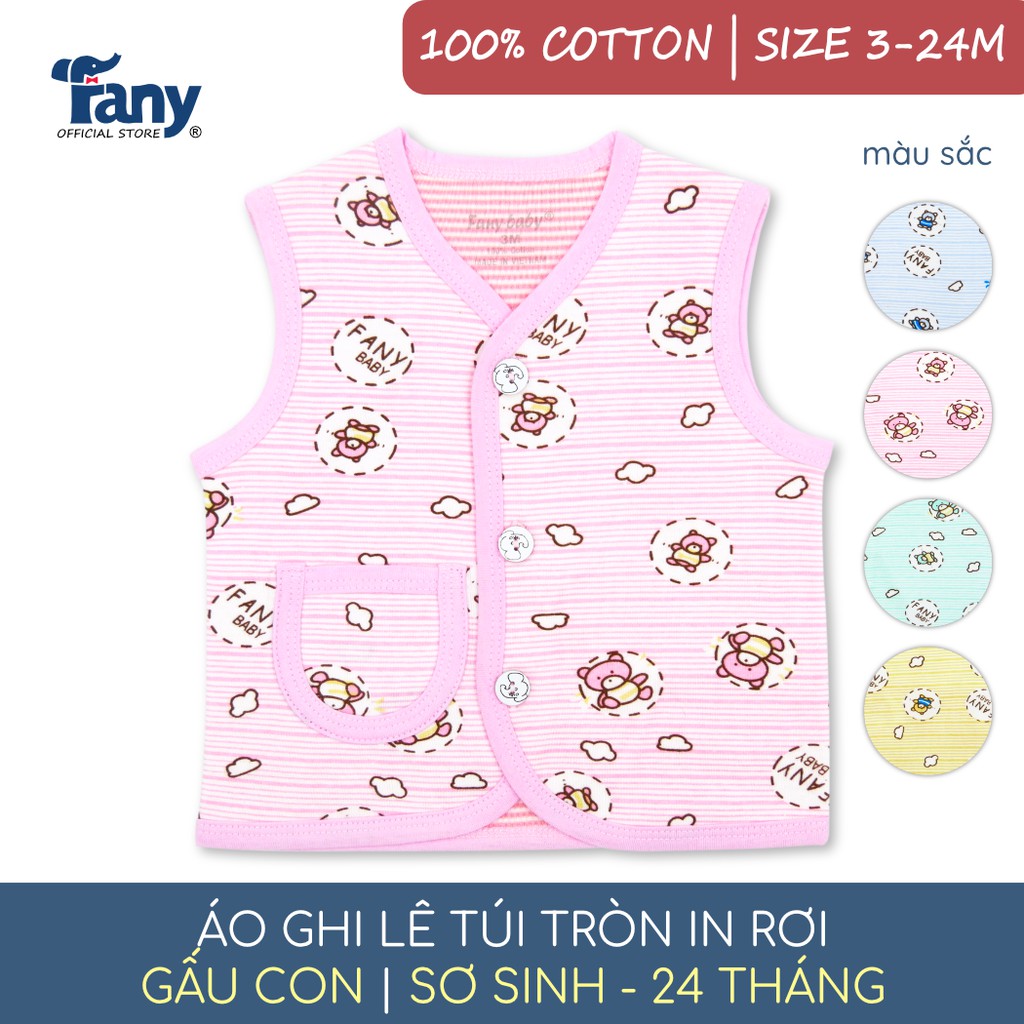 Áo ghi lê túi tròn in rơi Fany® họa tiết gấu con size 3M-24M cho trẻ 0-24 tháng 100% cotton mềm mại điều hòa thân nhiệt