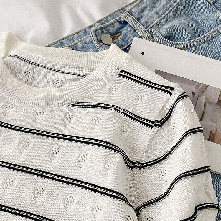 Áo len NZN cổ tròn ngắn tay họa tiết kẻ sọc màu tương phản thời trang mùa hè cho nữ