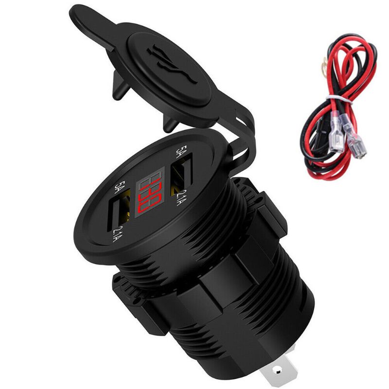 Ổ Cắm Sạc Hai Cổng Usb 5v 2.1a Có Màn Hình Hiển Thị Vôn Kế Cho Xe Hơi / Xe Máy / Tàu Thuyền 12-24v