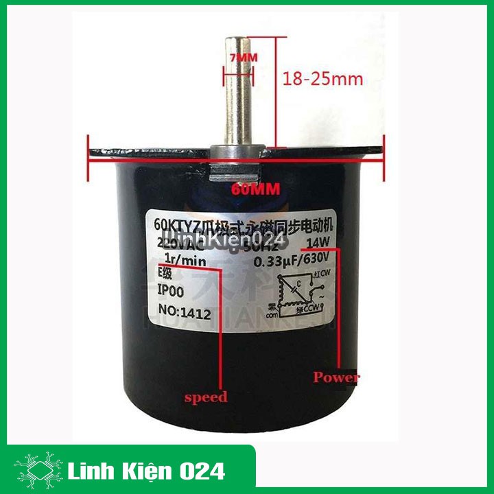 ĐỘNG CƠ GIẢM TỐC 220VAC 60KTYZ TRỤC 7MM