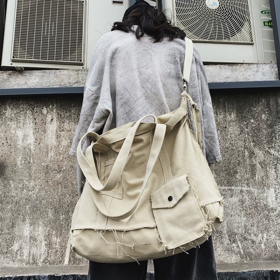 Túi đeo chéo cỡ lớn phong cách bụi bặm vải canvas 2 mặt vừa laptop 15.6 inch