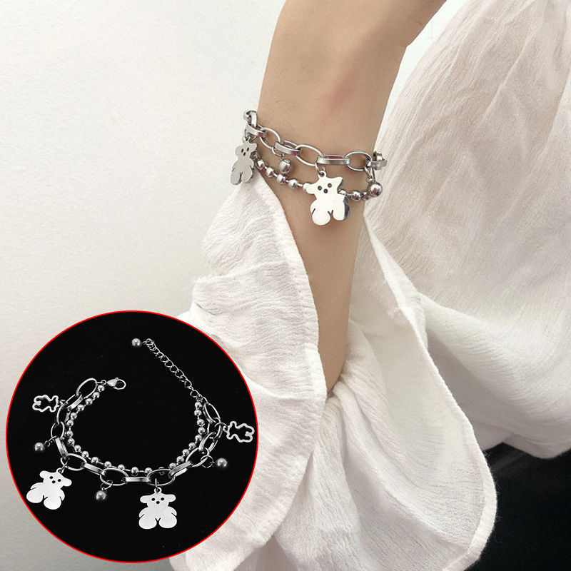 Cool dark wind cute bear double-layer hollow bracelet ins female flower bracelet Korean girlfriend gift cool girl punk student couple chain cold wind jewelry