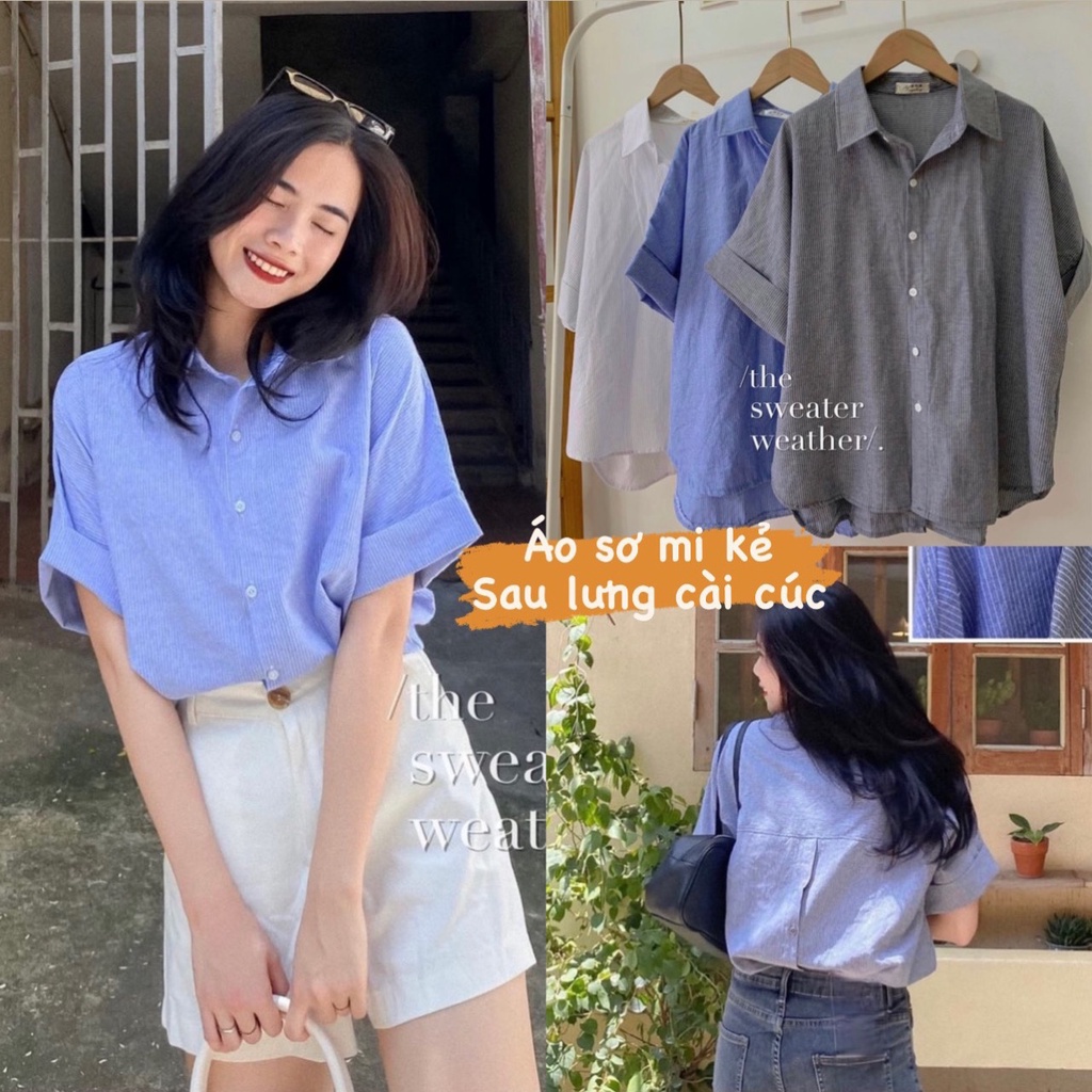 Áo sơ mi kẻ sau lưng cài cúc, Áo sơ mi xẻ cúc lưng cách điệu phong cách Hàn Quốc