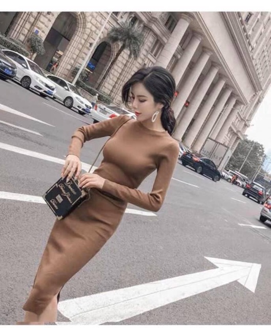 Đầm body nữ Bingshop - váy body len tăm dài tay cổ tròn xẻ tà form ôm vải giãn freeship | BigBuy360 - bigbuy360.vn