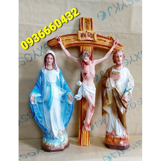 Bộ 3 Tượng Đức Mẹ Ban Ơn Thánh Giuse và Thánh Giá Chúa 30cm composite(mẫu mới 2021)