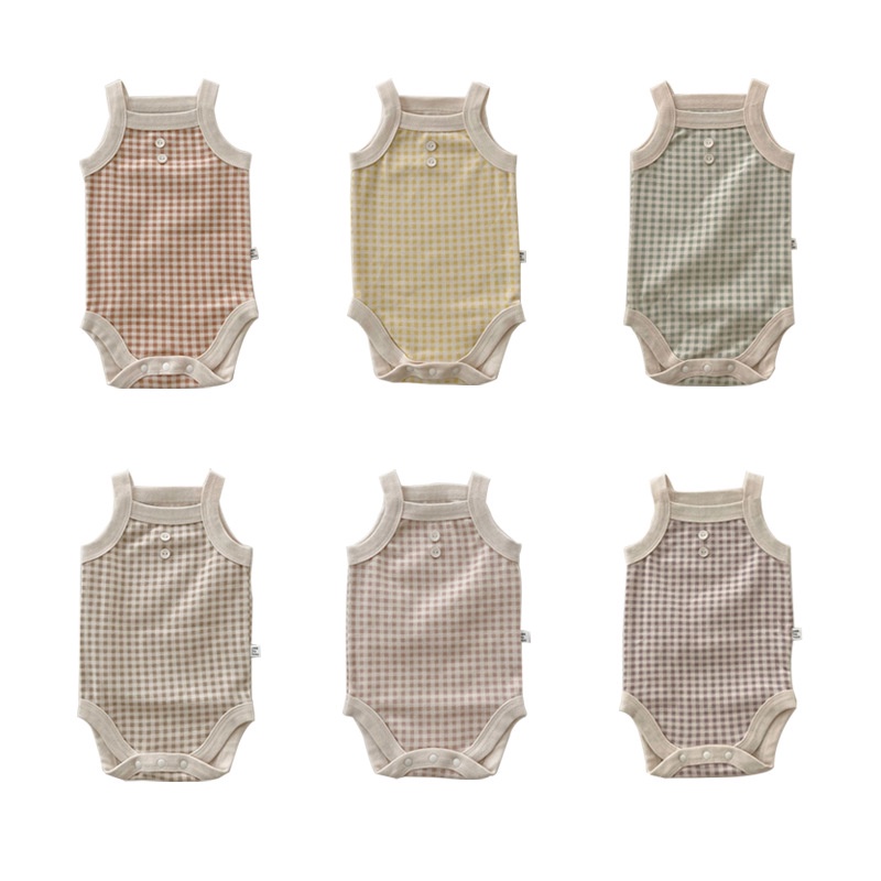 Áo Liền Quần Không Tay Chất Liệu Cotton Họa Tiết Sọc Caro Thời Trang Mùa Hè Cho Bé