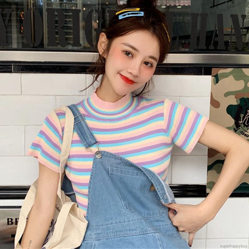 Áo Croptop dệt kim tay ngắn hoạ tiết kẻ sọc cho phái nữ