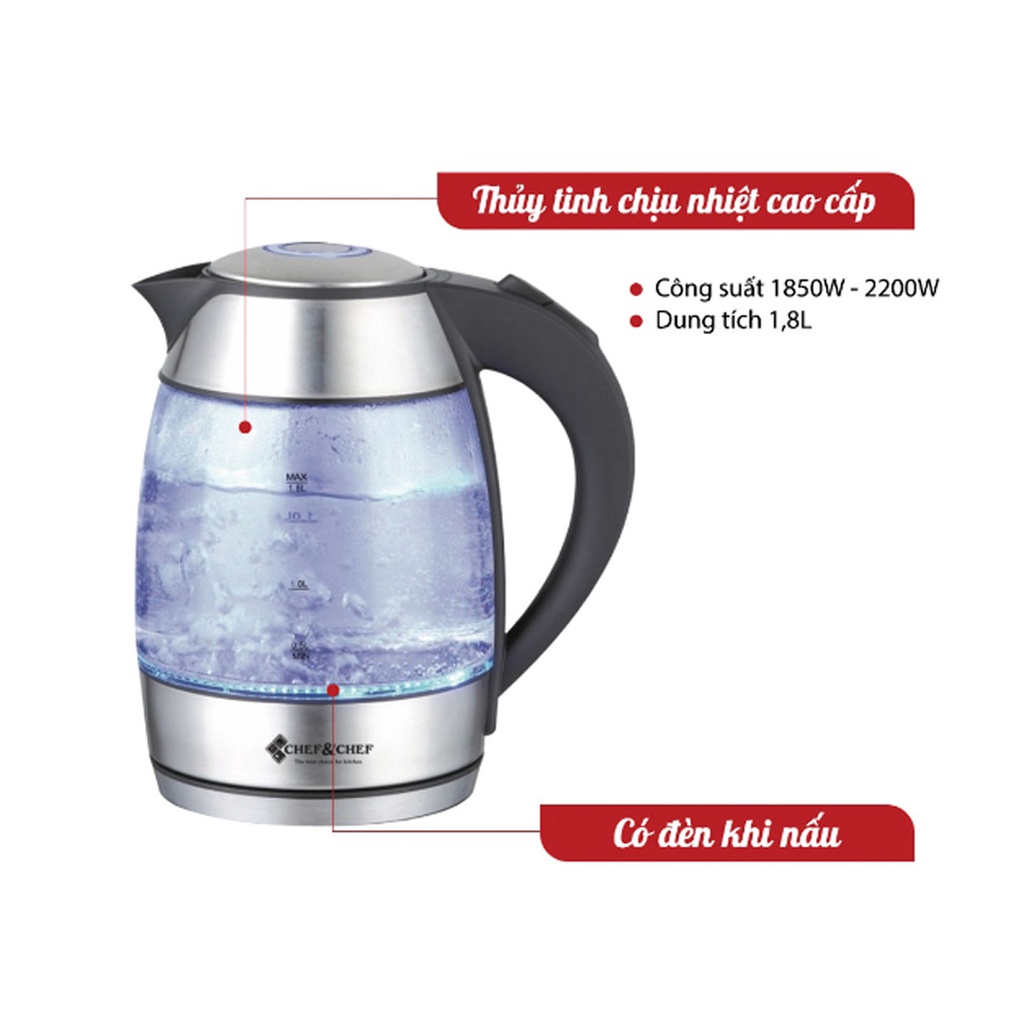 Ấm đun nước siêu tốc thủy tinh 1800ml Chef&chef bảo hành 12 tháng