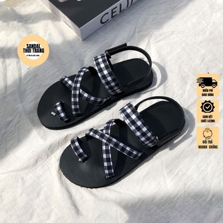 Giày sandal nữ xỏ ngón quai chéo đi học, đi chơi A121 Đen/Trắng Caro Full size 30-44 SANDALTHOITRANG