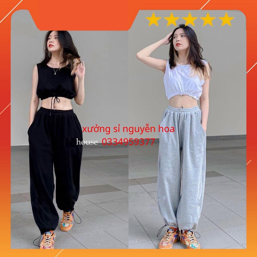 Sét áo croptop ba lỗ rút bụng + quần bom rút ống 2 màu đen/xám (kèm video/ảnh thật) Xưởng Sỉ Nguyễn Hoa