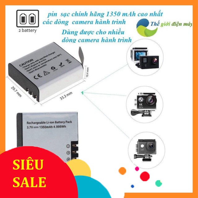 [SiêuRẻ] Pin 1350 mAh cho camera thể thao, camera hành trình EKEn h9r , SJCAM 4000, Soocoo, Amkov, camera 4k wifi .