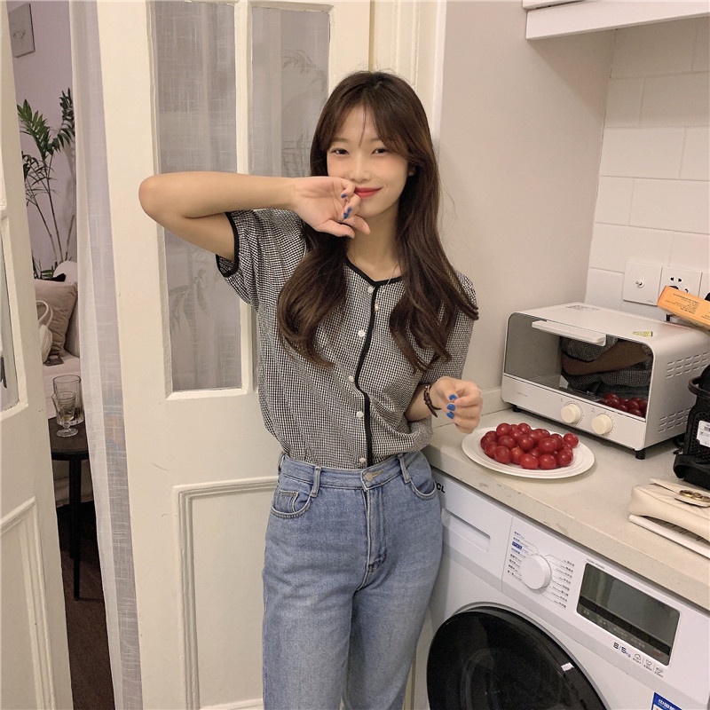 SUXI Áo Kiểu Tay Ngắn Cổ Tròn Kẻ Sọc Ca Rô Thời Trang Mùa Hè Dành Cho Nữ