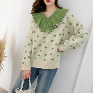 _ Áo len cổ V hoạ tiết trái tim bánh bèo chất len mịn sang chảnh và đáng yêu