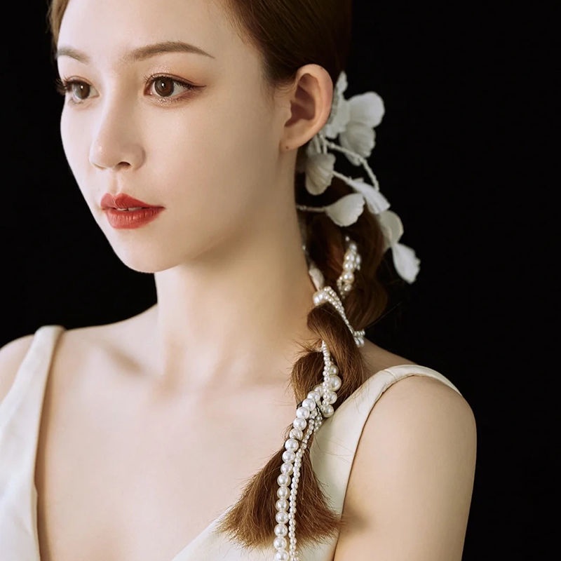 Phụ Kiện Cài Tóc Đuôi Ngựa Dạng Bện Đính Hoa Làm Thủ Công Phong Cách Hàn Quốc Cho Cô Dâu