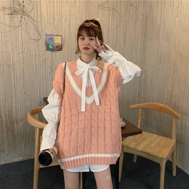 Set Áo Sơ Mi Thắt Nơ + Gile Len Ulzzang M4