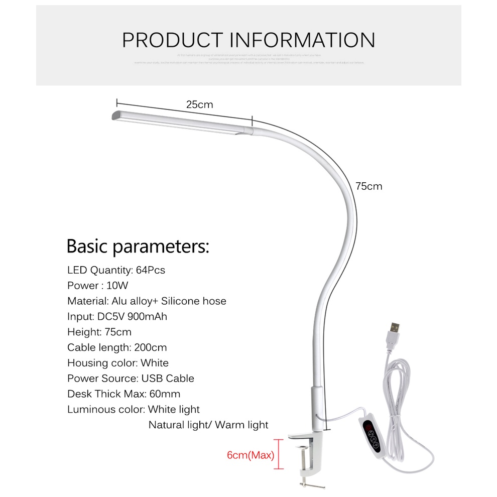 Đèn bàn dạng kẹp 64 bóng LED thân dài cổng USB ánh sáng 3 màu có thể điều chỉnh bảo vệ mắt cho văn phòng