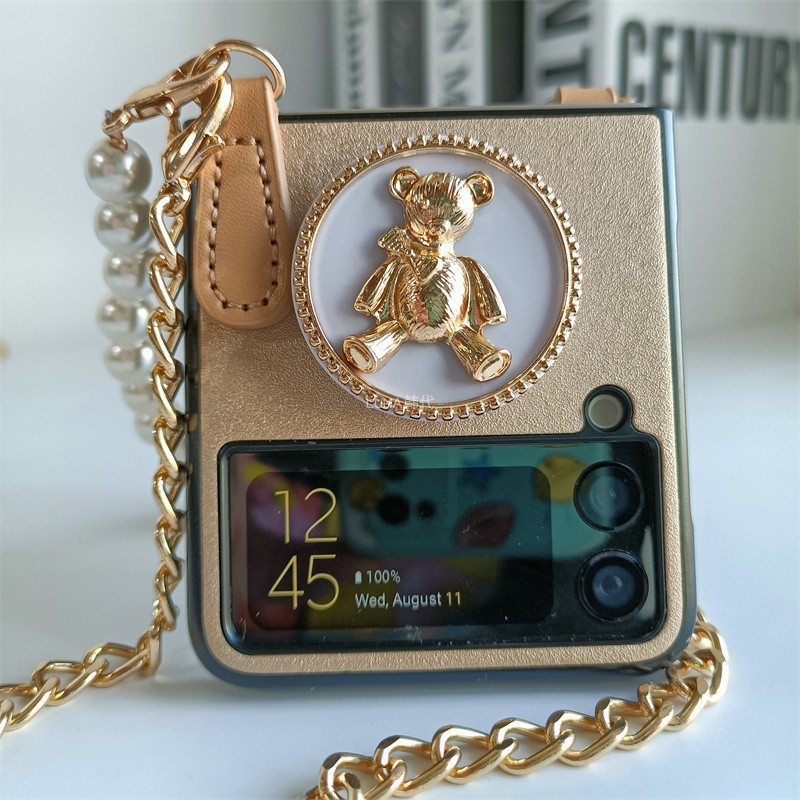 Bao Da Điện Thoại pu Dạng Ví Nắp Lật Đính Ngọc Trai Có Dây Đeo Chéo Vai Hình Gấu Cho samsung galaxy z flip 4g 4 3 flip4 flip3 5g Ốp