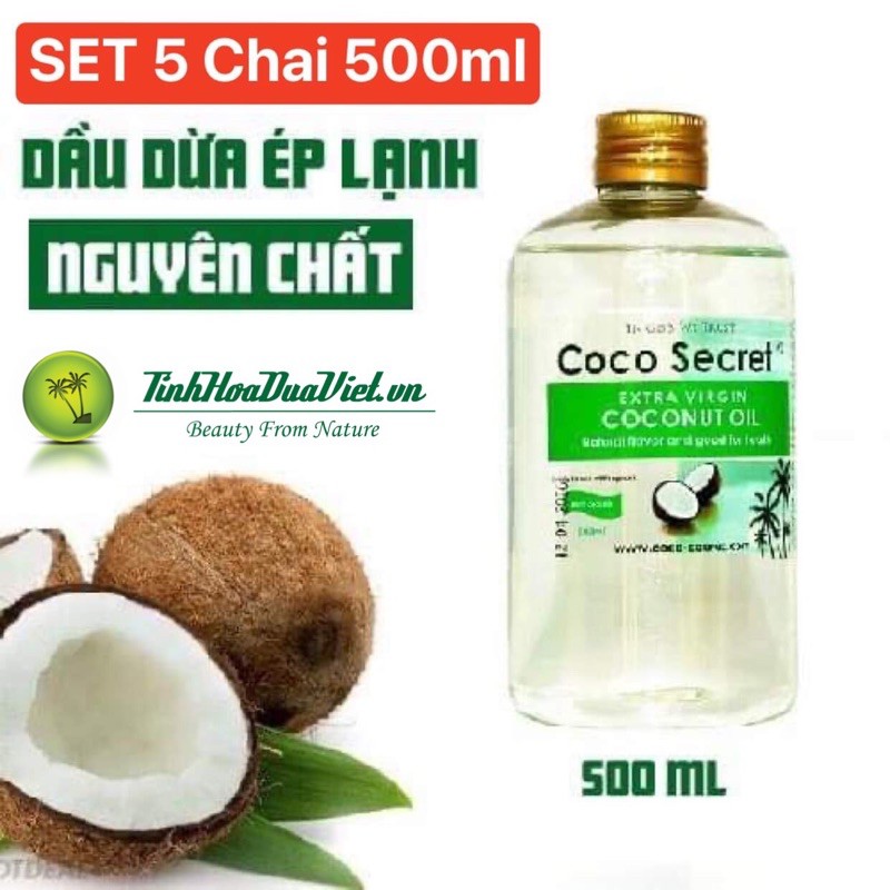 SET 5 Chai Dầu Dừa nguyên Chất Ép Lạnh Coco Secret 500ml Cocosecret