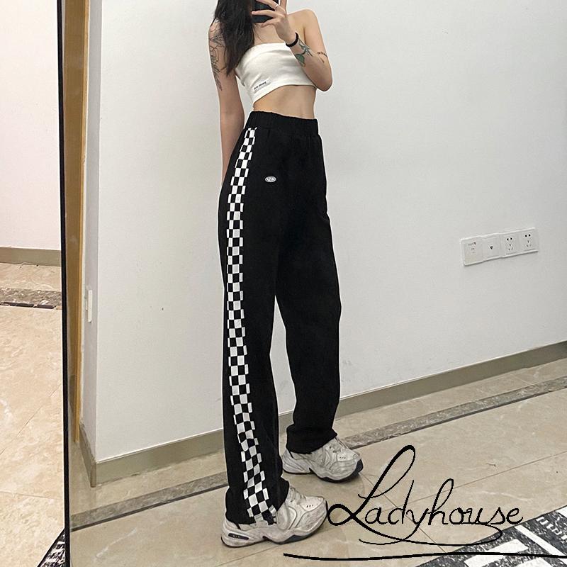 Quần Dài Lưng Cao Dáng Rộng Họa Tiết Sọc Caro Màu Đen Thời Trang Cho Nữ