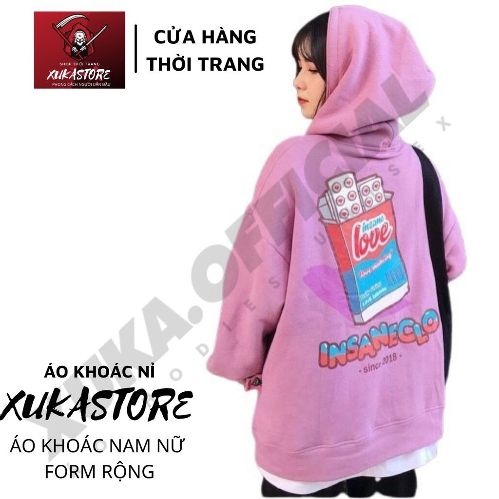 Áo khoác nỉ hoodie XUKASTORE Có Dây Kéo In Hình INSANECLO , dùng để chống nắng phong cách Unisex có 3 màu form rộng