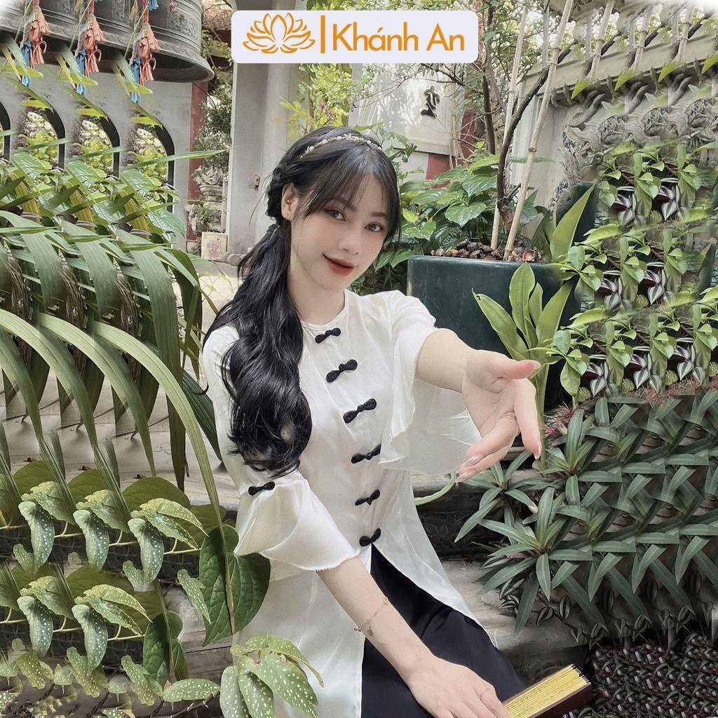 Pháp Phục Khánh An Đồ Lam Đi Chùa Nữ Khánh An, Bộ Bà Ba Đi Lễ Cách Tân Lụa Ngọc Trai Tay Bèo Cúc Tàu Cao Cấp